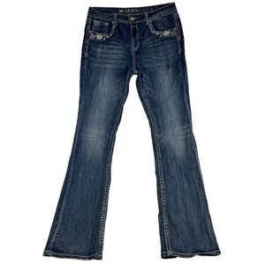 Grace in LA Womens Floral Embroidery Bootcut Jeans Easy Fit Blue Size 33 (34x34)